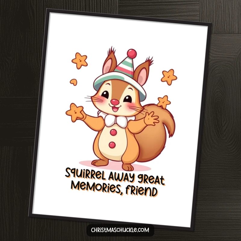 Funny free printable wall art: A silly squirrel dressed as a clown is captured mid-juggle with tiny, sweet gingerbread cookies.