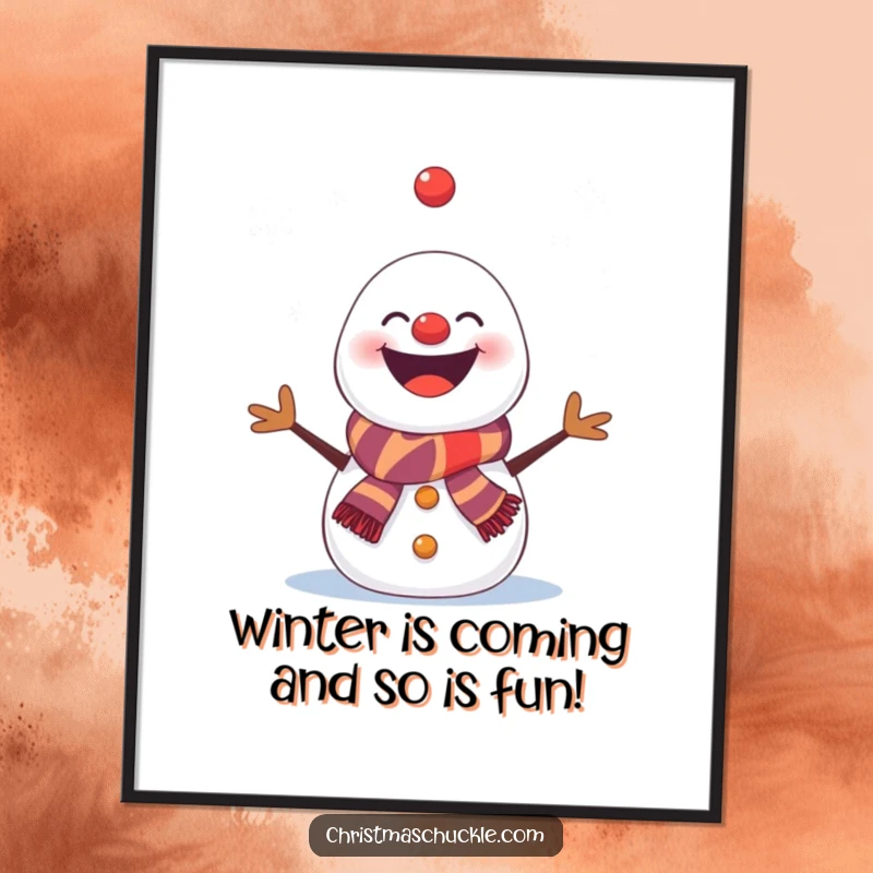 Funny Free Printable Wall Art: A snowman with clown makeup, hilariously juggling falling snowflakes, bringing winter humor to any room.
