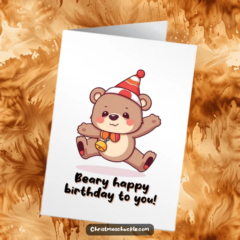 Funny free printable birthday card featuring a bear in a clown hat and jingle bells hilariously tripping, perfect for goofy celebrations.
