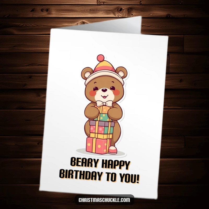 Funny free printable birthday card featuring a smiling bear in a clown suit precariously balancing stacks of presents, a gift of joy.