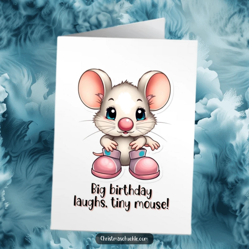 Funny Free Printable Birthday Card: A little mouse character wearing a small red clown nose and comically oversized shoes.