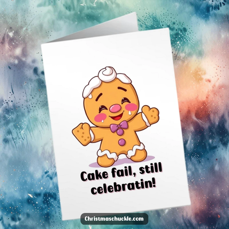 Funny Free Printable Birthday Card: A blushing gingerbread clown fails at balancing crackers with frosting all over its face.