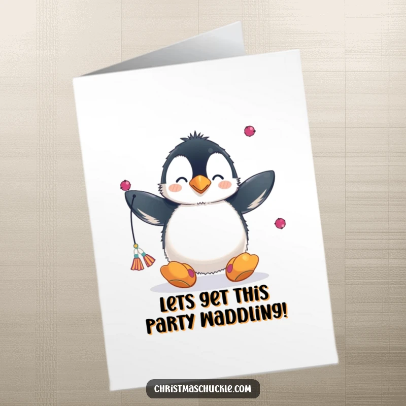 Funny Free Printable Birthday Card: A fluffy penguin in a clown nose and big shoes tries to juggle colorful scarves.