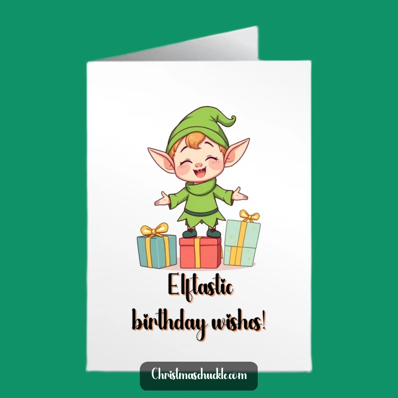 Free Printable Funny Birthday Card: Clumsy Elf Balancing Presents Downloadable Gift