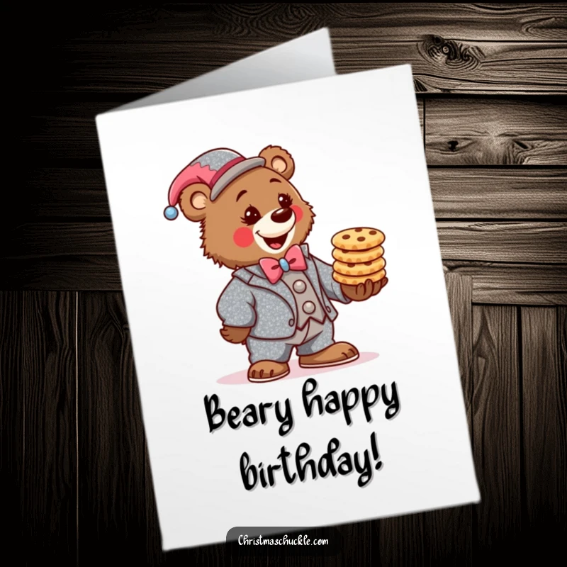 Funny Free Printable Birthday Card: A determined bear clown in a sparkly suit balances a tall stack of festive cookies.