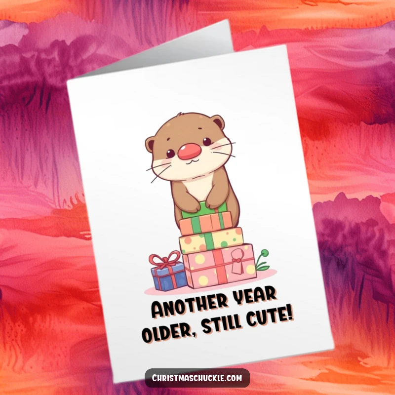 Funny free printable birthday card: Cute otter with a clown nose expertly balances on a wobbly stack of colorful presents.