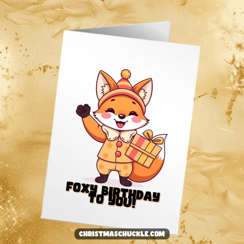 Funny Free Printable Birthday Card: A fox in a clown suit proudly holds a colorful wrapped gift, ready for a birthday surprise.