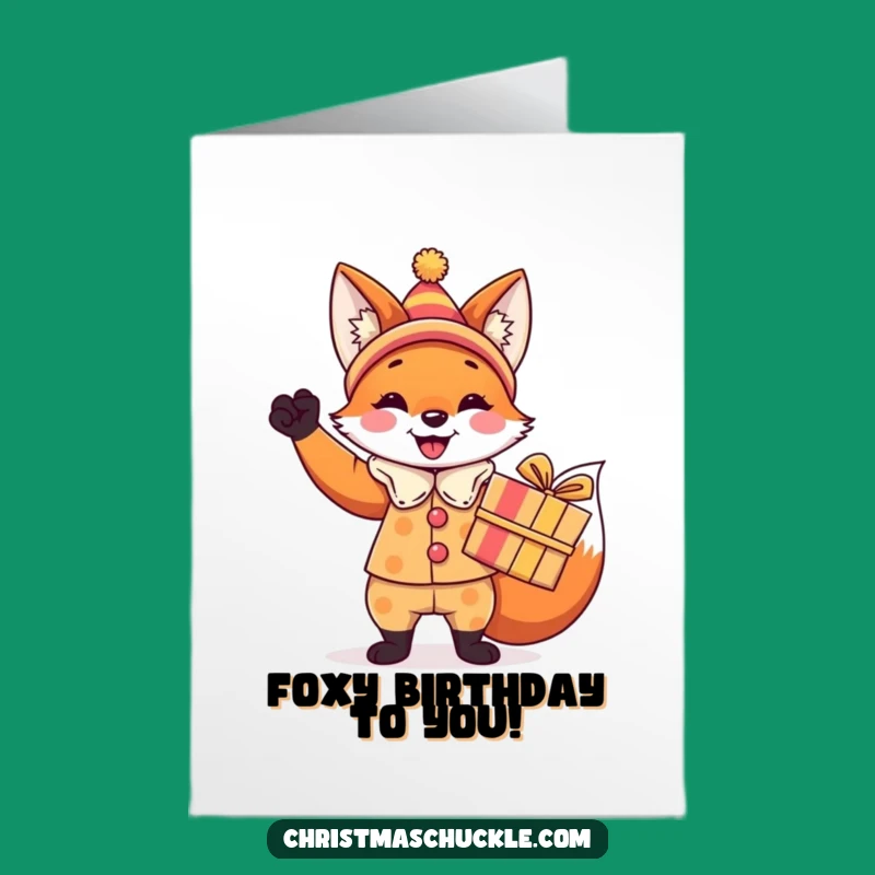 Free Printable Birthday Card: Festive Fox Clown with Gift, Hilarious DIY Download