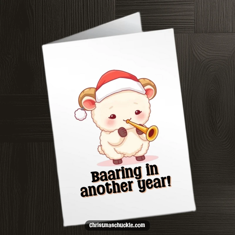 Funny Free Printable Birthday Card of a fluffy sheep in a Santa hat playing a tiny trumpet, spreading holiday cheer.