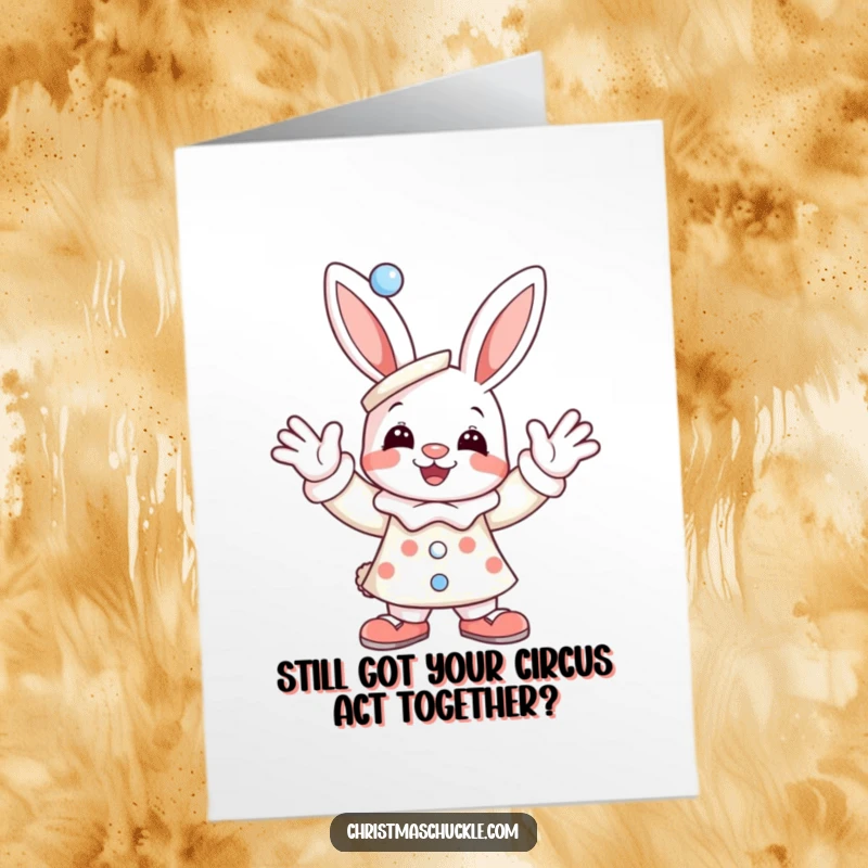 Funny Free Printable Birthday Card: Joyful bunny dressed as a clown, waving with a huge smile, spreading cheerful birthday vibes.