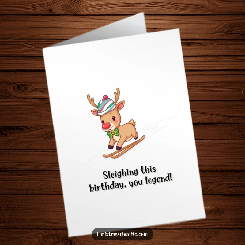 Funny Free Printable birthday card featuring a reindeer in a clown wig and bow tie joyfully sliding down a snowy slope.