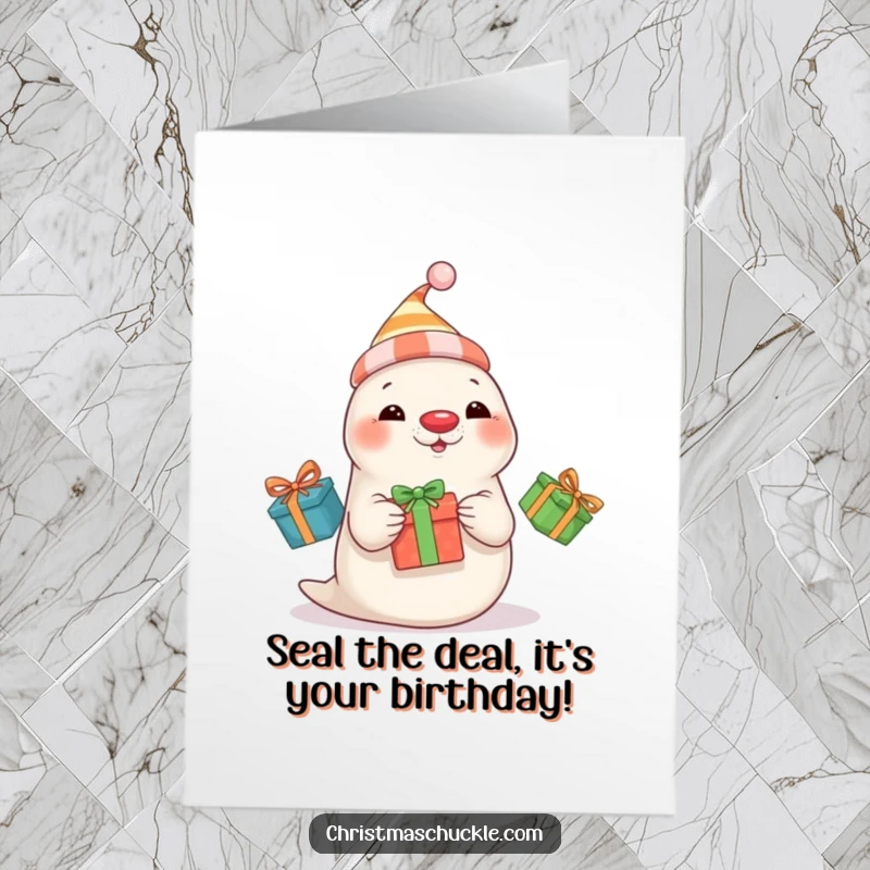Funny Free Printable birthday card: a playful seal in a clown hat and red nose juggles three colorful presents.
