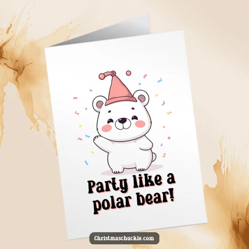 Funny Free Printable Birthday Card: Smiling polar bear character wears a tiny jester hat and joyfully tosses a flurry of confetti.