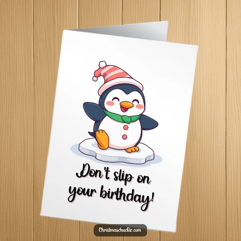 Funny Free Printable Birthday Card: Smiling penguin dressed as a clown slips comically on an icy patch.