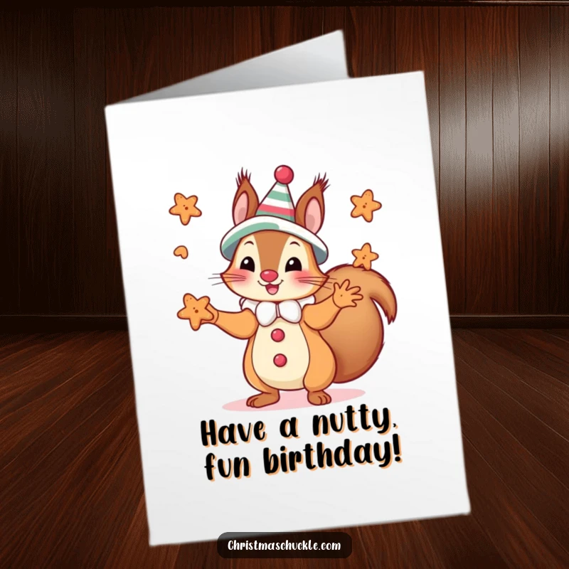 Funny free printable birthday card: A silly squirrel in clown attire expertly juggles several tiny gingerbread cookies with a grin.