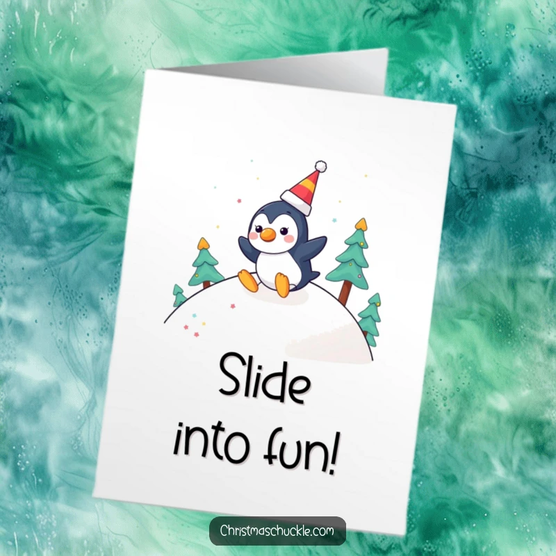 Funny Free Printable Birthday Card: A cheerful penguin wearing a clown nose slides downhill.