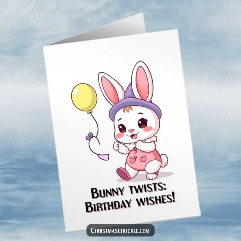 Funny Free Printable Birthday Card: A bunny clown twists a balloon animal with a goofy grin, ready to celebrate.
