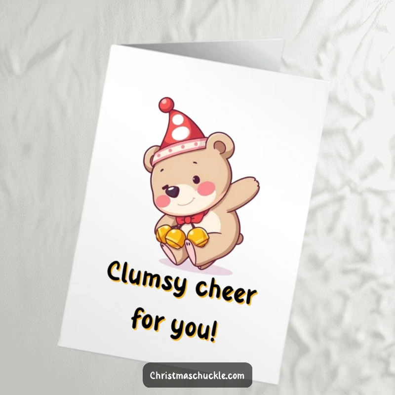 Funny Free Printable Birthday Card: A bear in a clown hat and jingle bells trips comically.