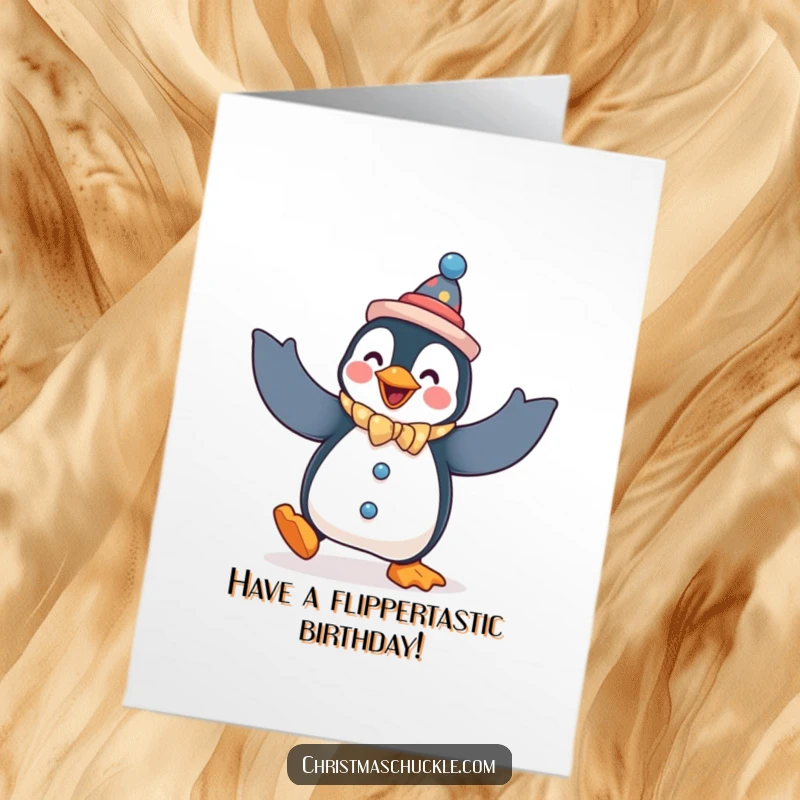 Funny Free Printable Birthday Card: A penguin dressed as a clown, flailing its arms wildly in a goofy dance, celebrating with joy.