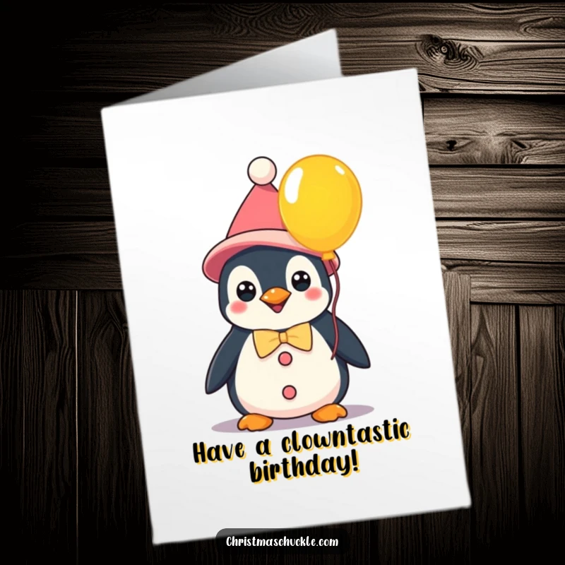 Funny Free Printable Birthday Card: A kawaii penguin dressed as a clown holds a bright balloon. Perfect DIY gift.