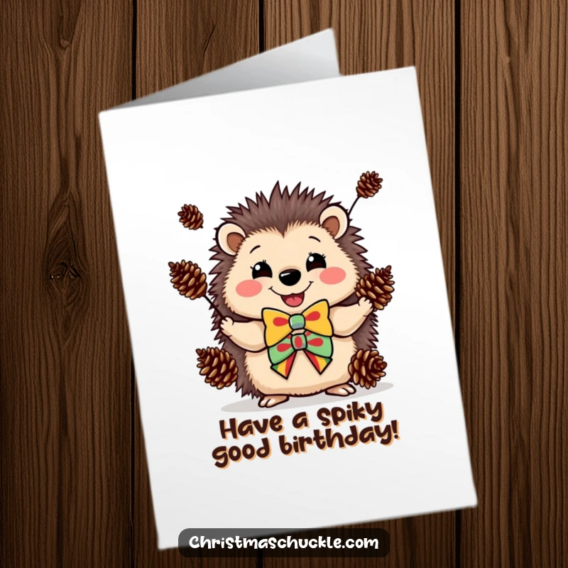 Funny Free Printable Hedgehog Clown Birthday Card: Happy hedgehog in a bowtie juggles pinecones, festive and fun.