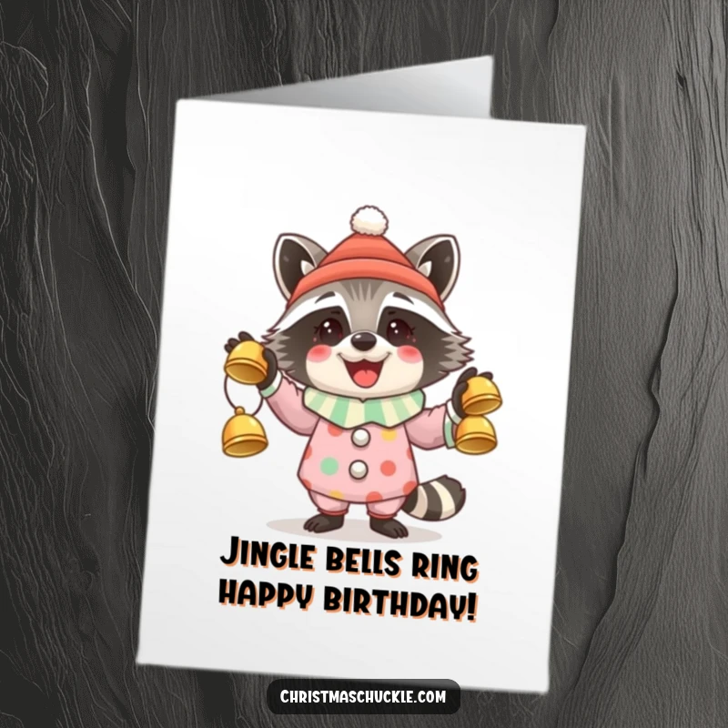 Funny Free Printable Birthday Card: A raccoon dressed as a clown joyfully juggles three shiny jingle bells.
