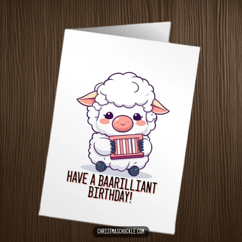 Funny free printable birthday card featuring a fluffy sheep clown wearing a nose and playing a concertina, a musical delight.