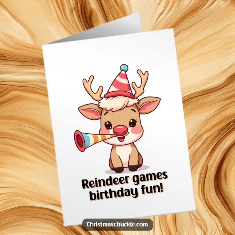 Funny Free Printable Reindeer Birthday Card: A happy reindeer with a clown wig blows a party horn for birthday fun.