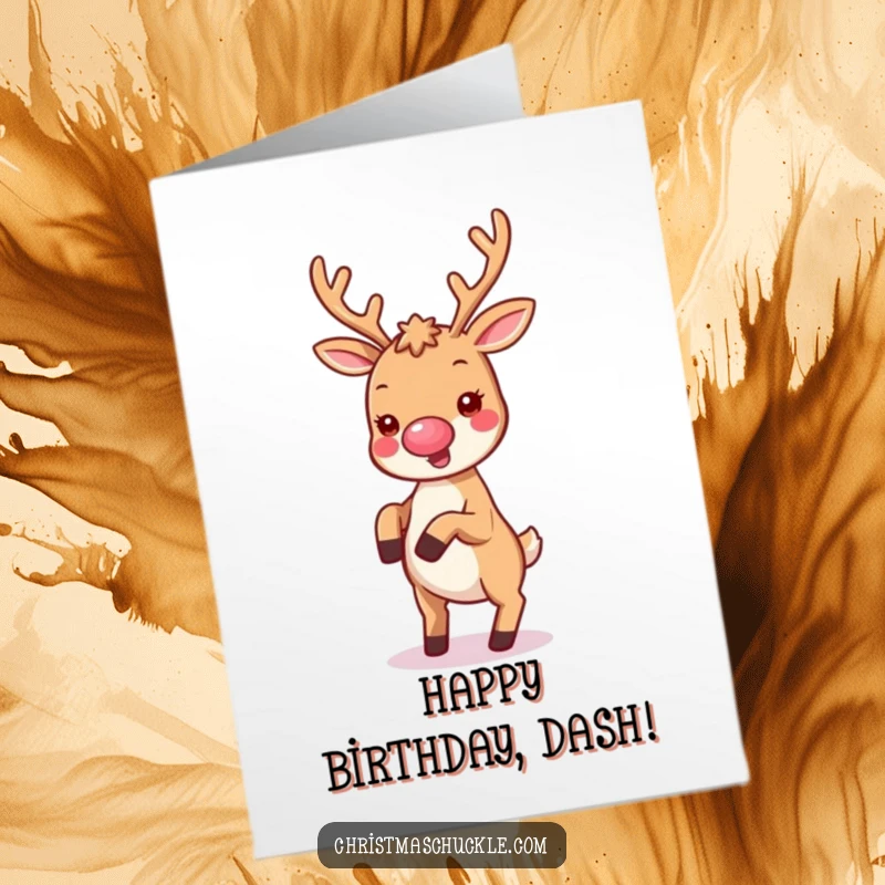 Funny Free Printable Birthday Card: Kawaii reindeer with clown nose happily cartwheels, spreading birthday cheer.
