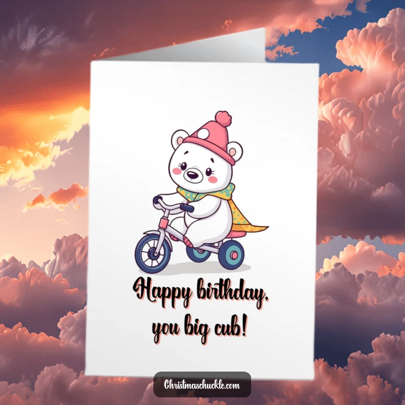 Funny free printable birthday card: a kawaii polar bear clown riding a tiny tricycle.