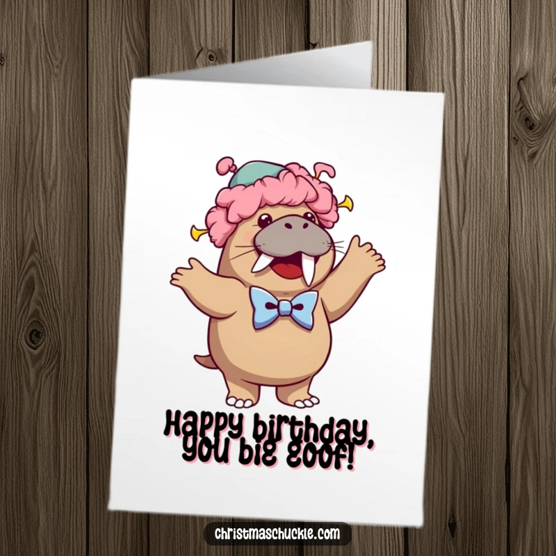 Funny free printable birthday card: a cheerful walrus clown in a wig and bowtie dances.