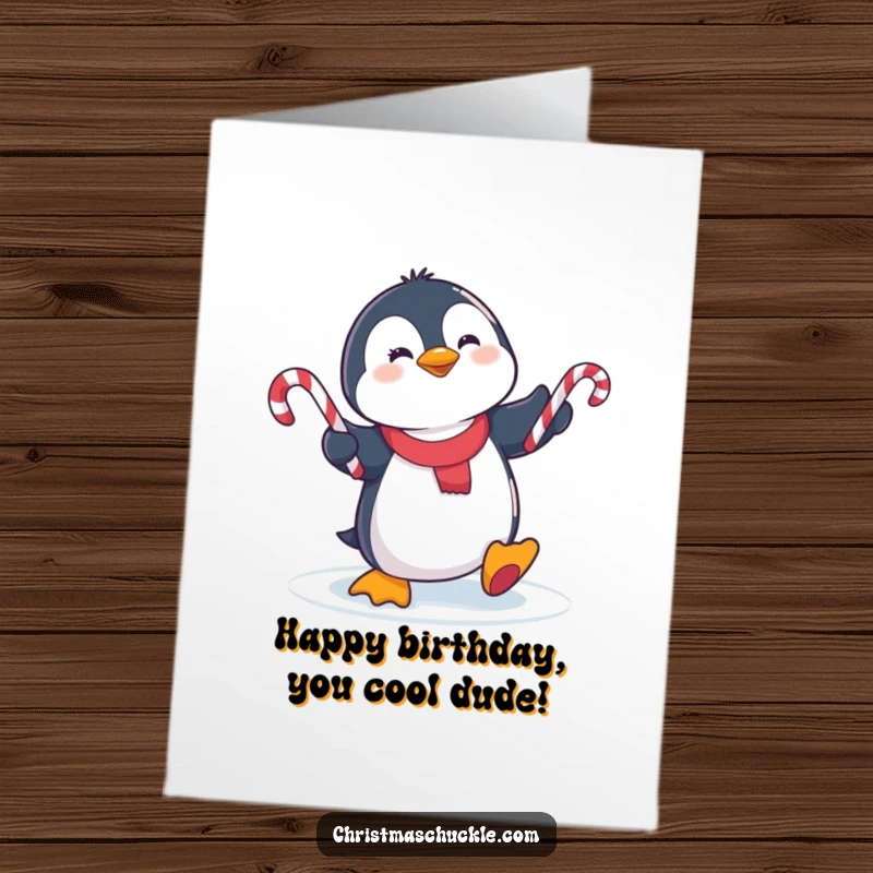 Funny Free Printable Birthday Card: A cute penguin slips on ice while comically juggling candy canes.