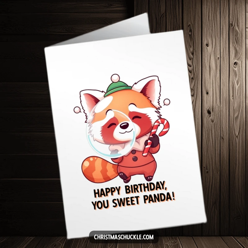 Funny free printable birthday card: a red panda clown blows a giant bubble with candy cane.