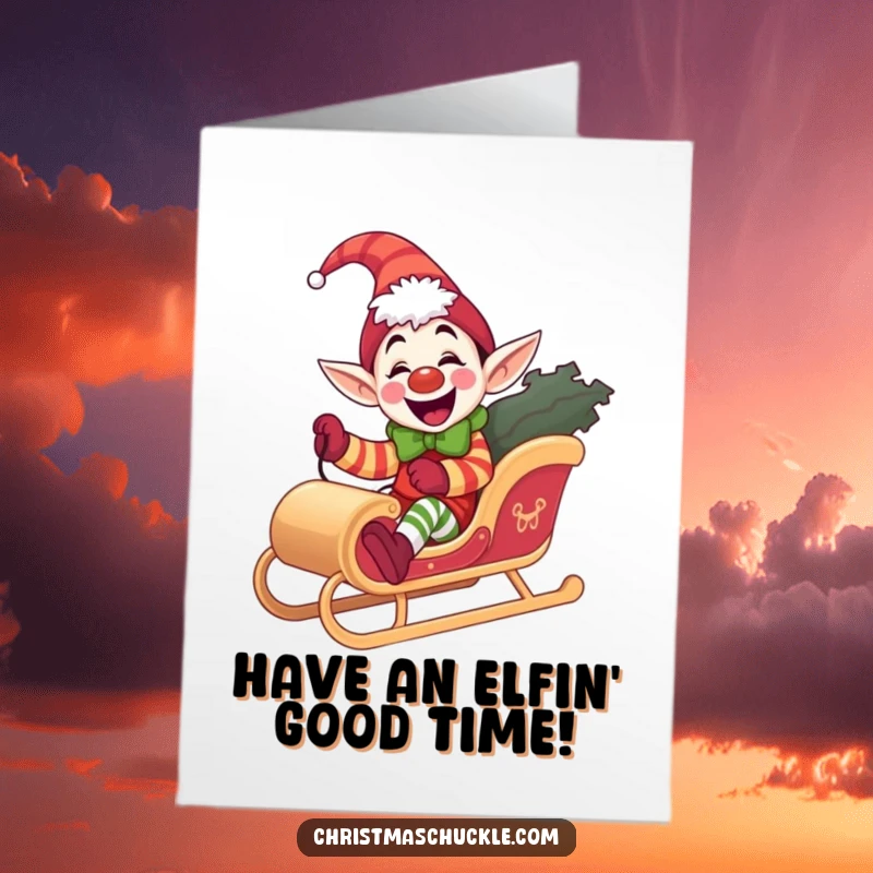 Funny Free Printable Elf Clown Birthday Card: A giddy elf clown riding a miniature sleigh with a smile. Hilarious downloadable card.
