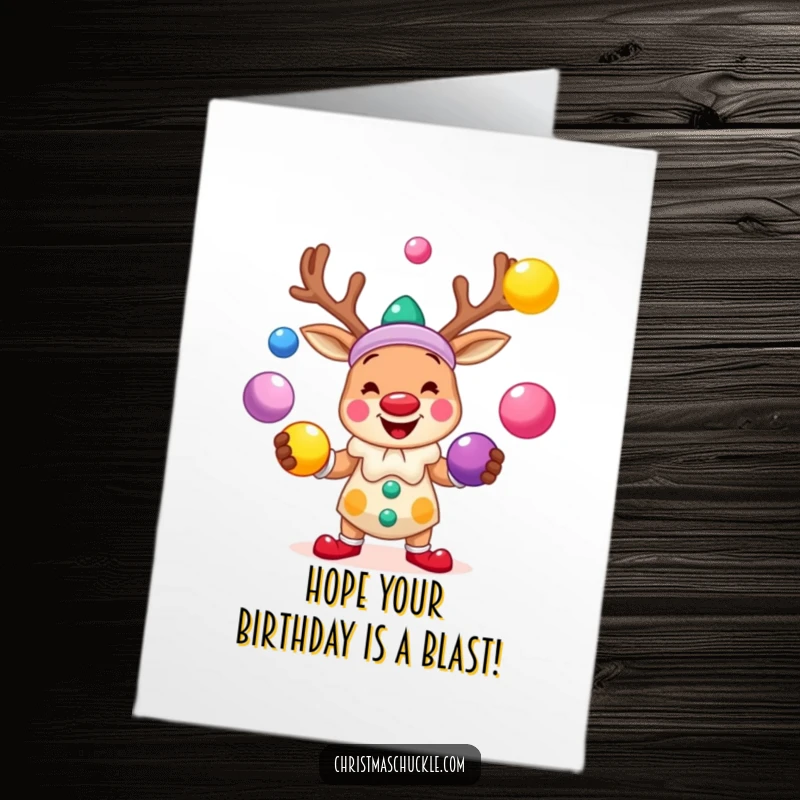 Funny free printable birthday card: a smiling reindeer clown energetically juggling brightly colored balls, celebrating a birthday with flair.