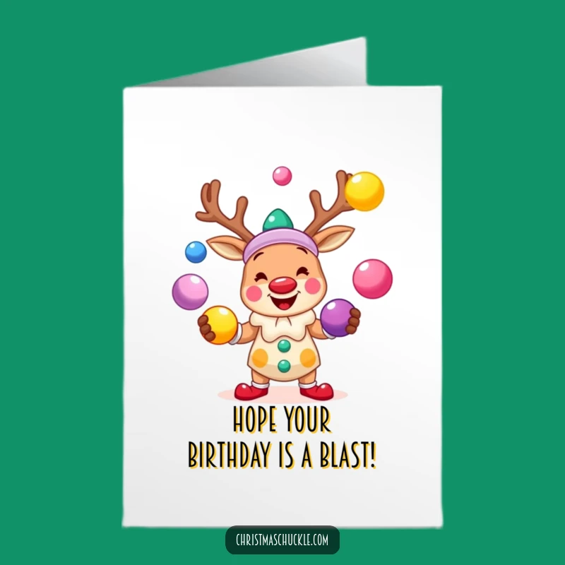Free Printable Reindeer Clown Card: Funny Birthday Juggling Downloadable Gift