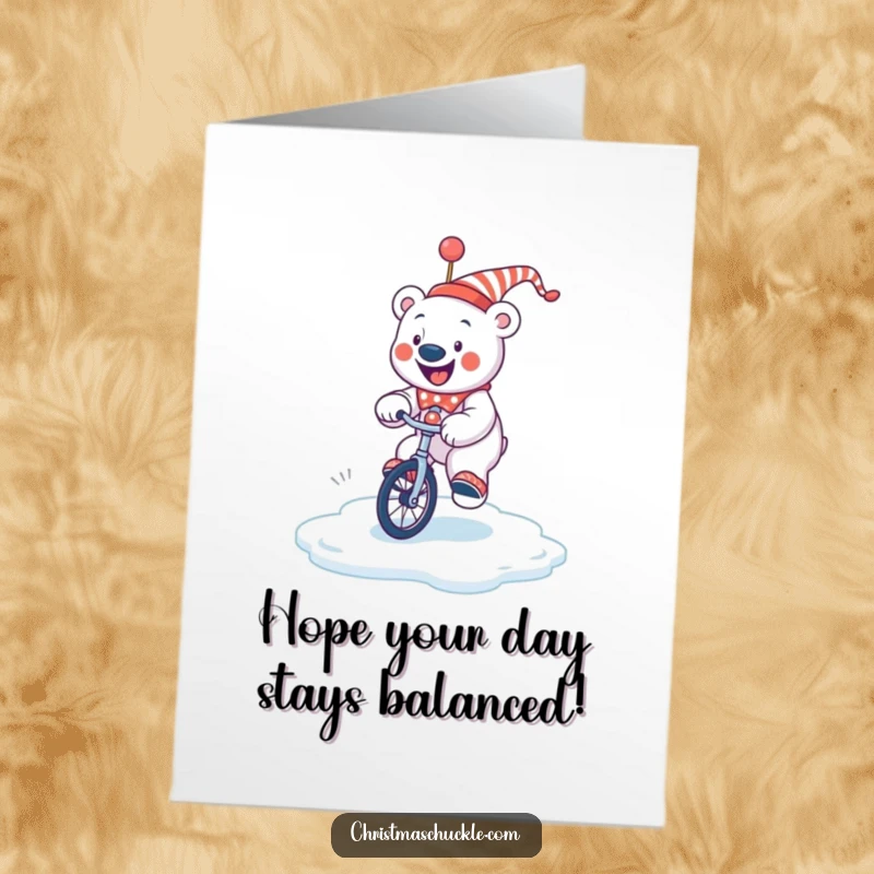 Funny Free Printable Birthday Card: A jolly polar bear clown wobbling precariously while attempting to ride a unicycle on slippery ice.