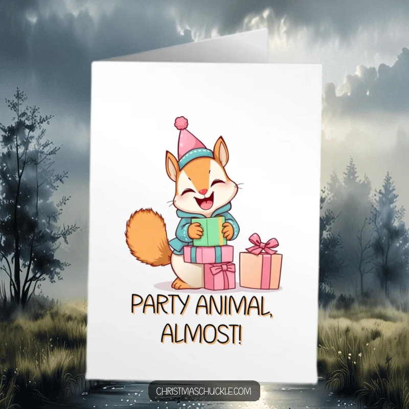Funny Free Printable Birthday Card: A giggling squirrel in a clown suit balances presents precariously.