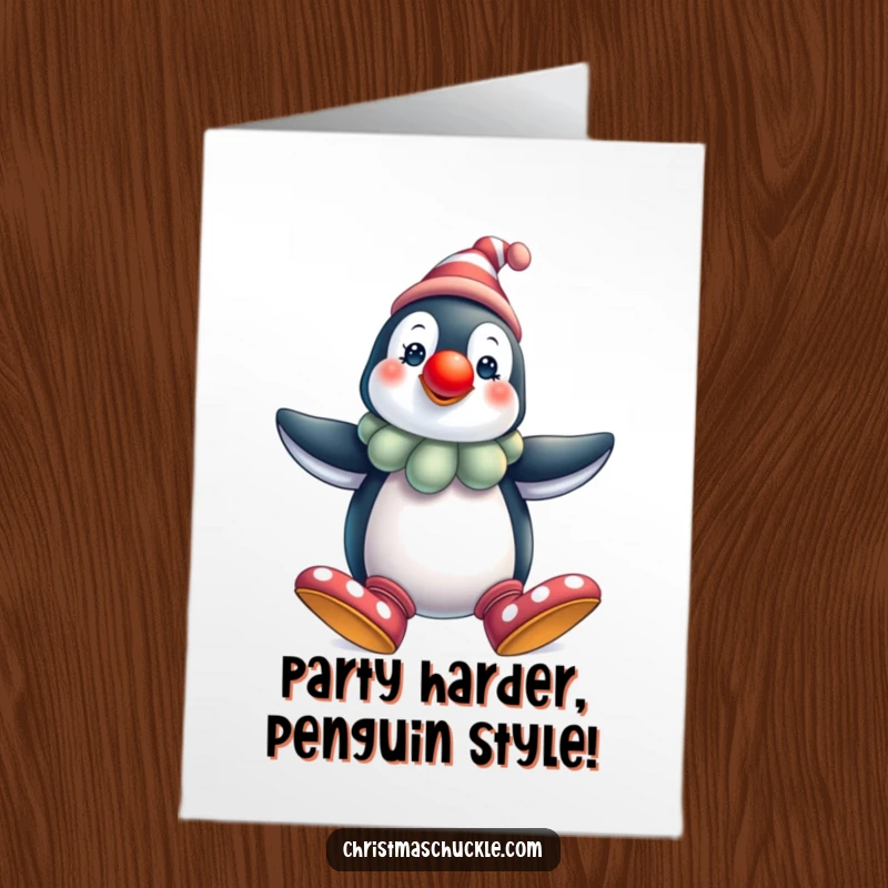 Funny Free Printable Penguin Clown Birthday Card: Festive bird with a red nose and big shoes, ready to party. A hilarious downloadable card.