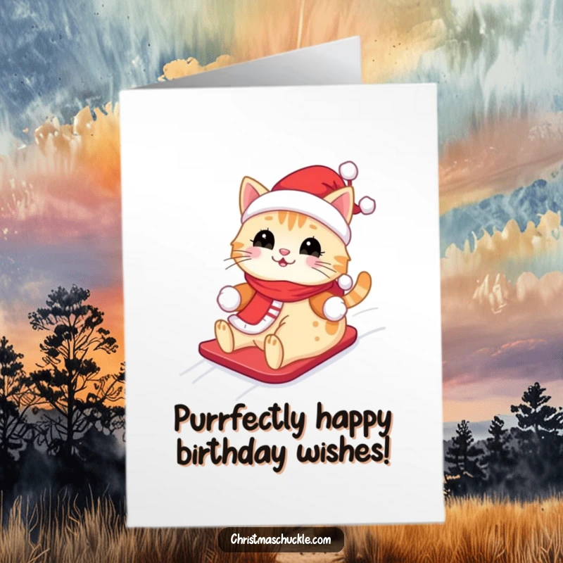Funny Free Printable Birthday Card: Kawaii cat in a Santa outfit joyfully sliding down a snowy hill.
