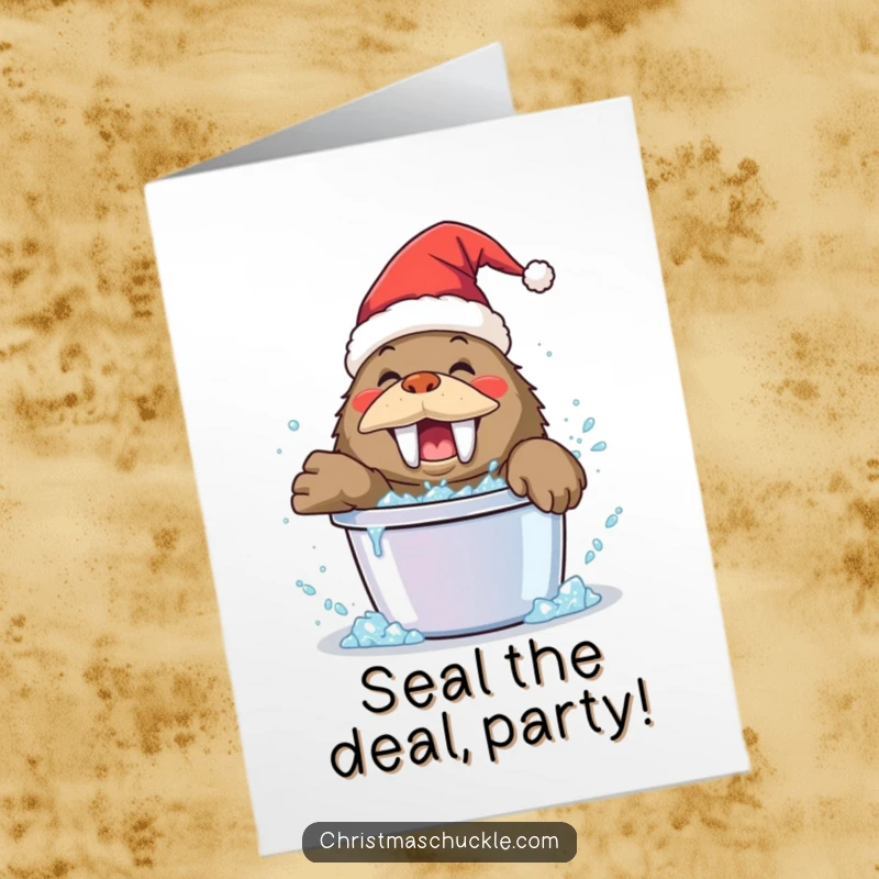 Funny Free Printable Birthday Card: A happy walrus clown in a Santa hat playfully splashes in a bucket full of glitter.