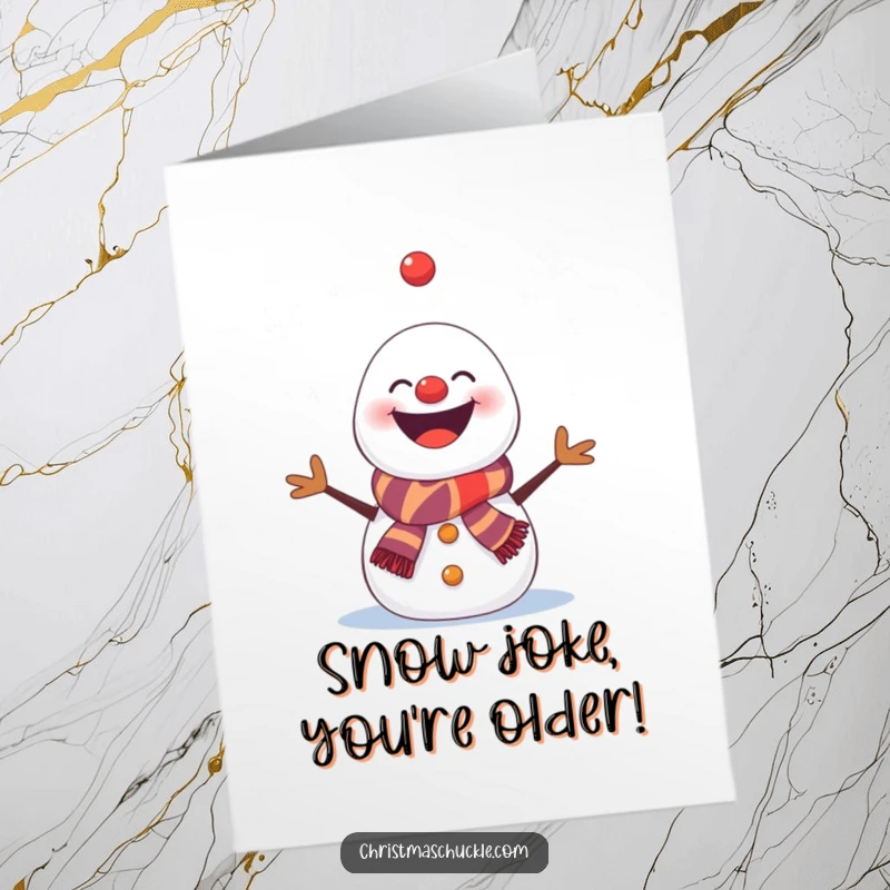 Funny Free Printable Birthday Card: Snowman clown with a wide grin, juggling snowflakes with chaotic glee, perfect for a winter bash.