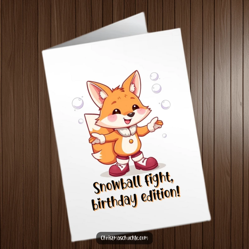 Funny Free Printable birthday card of a cheerful fox in clown shoes juggling snowballs with a mischievous grin.