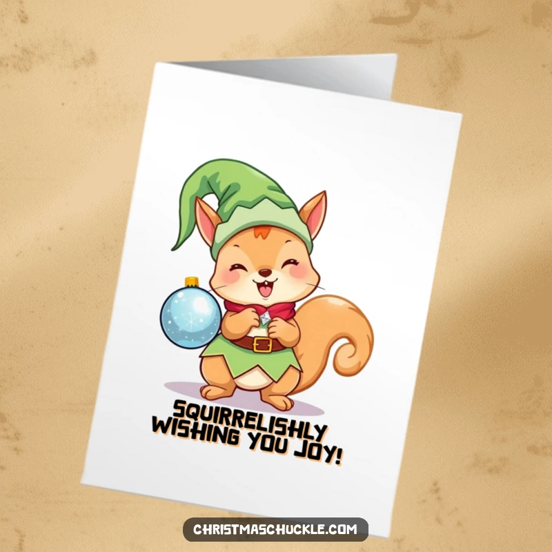Funny Free Printable Birthday Card: Kawaii elf squirrel excitedly holding a sparkling ornament, ready to spread cheer.