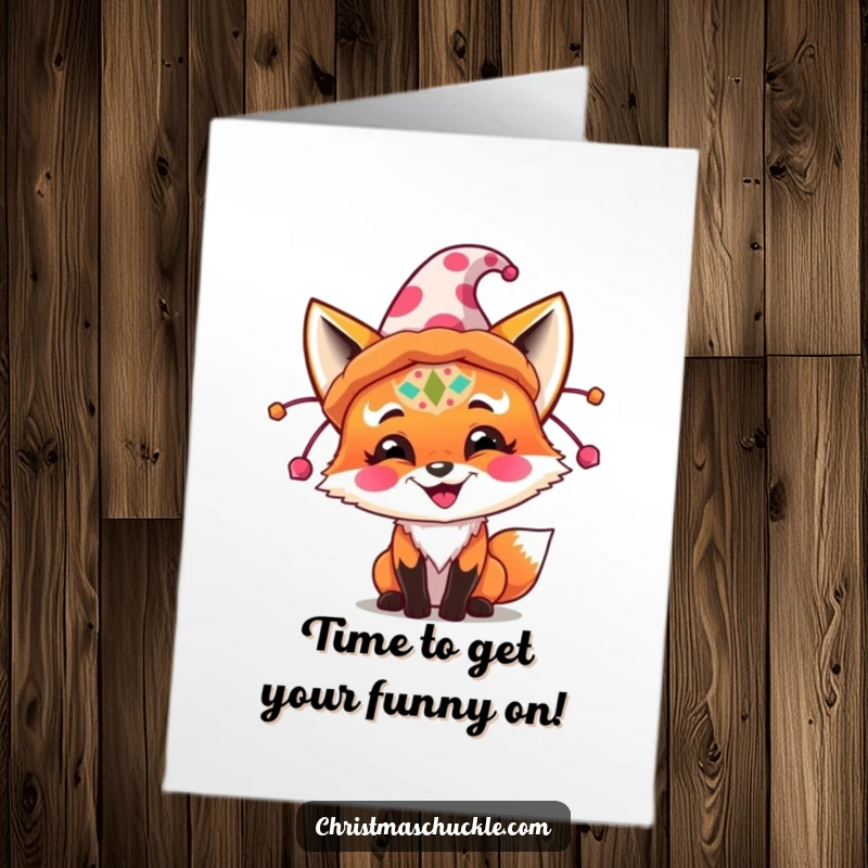 Funny free printable birthday card: Joyful fox with clown face paint tries on a huge hat, ready to party.