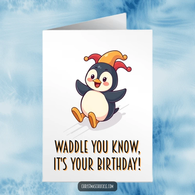 Funny free printable birthday card featuring a cheerful penguin in a clown nose sliding down a festive hill, perfect for celebrations.