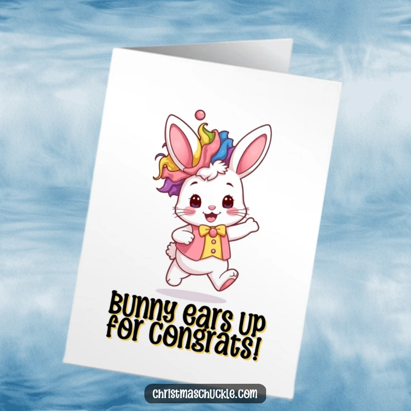 Funny Free Printable congratulations card showing an excited kawaii bunny wearing a rainbow clown wig and waistcoat.