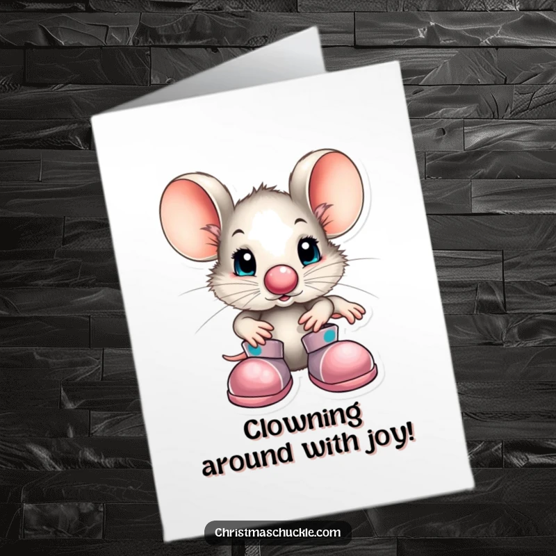 Funny Free Printable Congrats Card: A little mouse sporting a tiny clown nose and enormous shoes, ready to cheer.