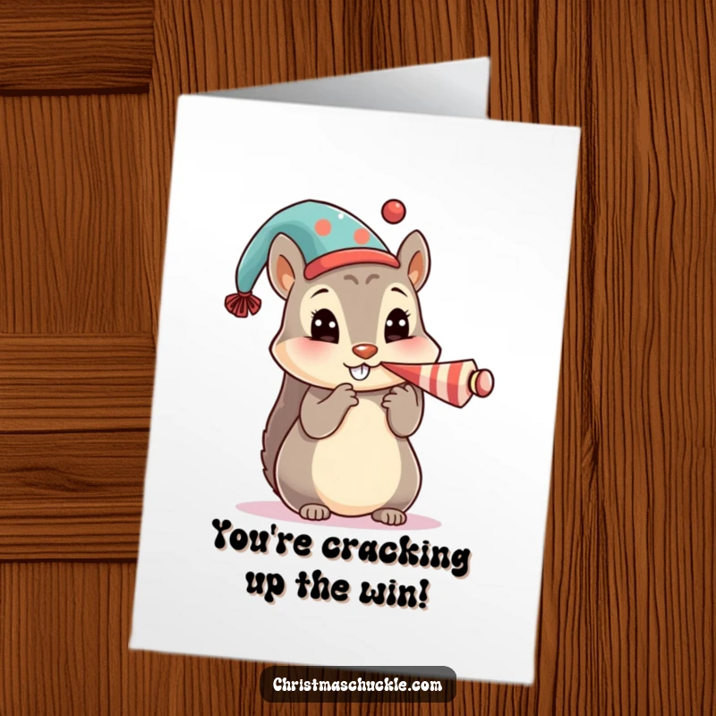 Free printable congratulations card: a cute squirrel character in a festive hat, honking a tiny clown horn with festive flair.