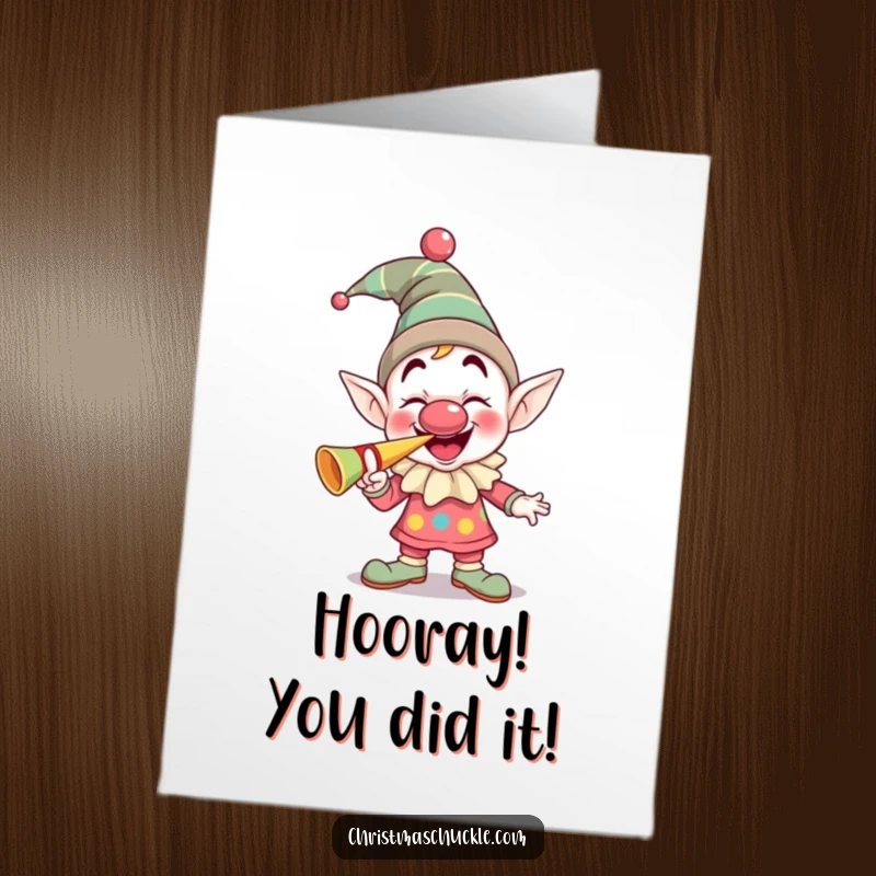 Funny Free Printable Congratulations Card: An elfish clown with a squeaky nose, joyfully blasting a party horn to celebrate.